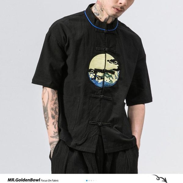 

men's casual shirts mrgoldenbowl man chinese style embroidery short-sleeved mans 3 colors tooling shirt male oversize 2021 summer, White;black