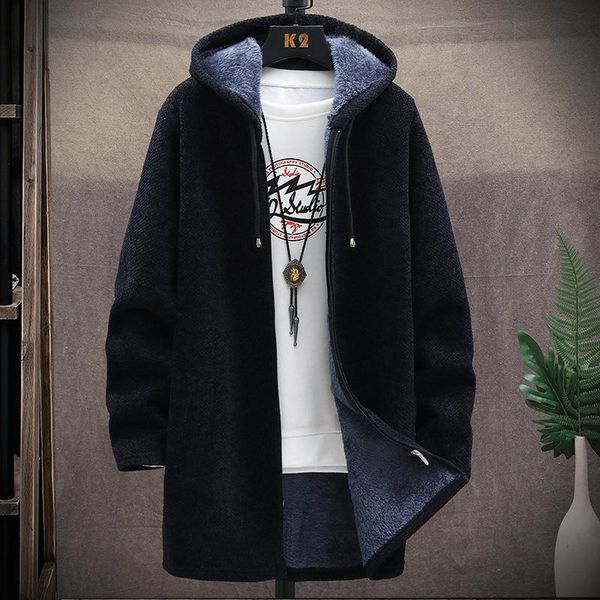 

men's trench coats casual wool jacket knitted sweater medium hooded thick long to keep warm in winter., Tan;black