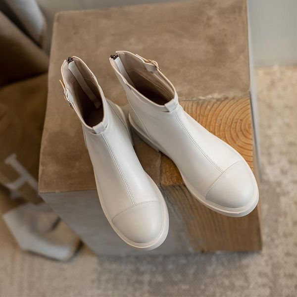 

boots high-quality leather women round toe ankle for spring/autumn buckle flat heel shoes woman handmade size 34-43, Black