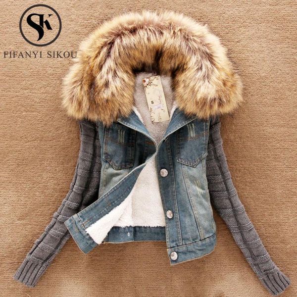 

women's jackets 2021 women plus size denim jacket winter coat fashion faux fur collar fleece warm short jeans female loose, Black;brown