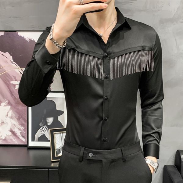 

men's casual shirts solid color lapel male british business slim fit metal chain men white shirt camisa social masculina nmxe, White;black