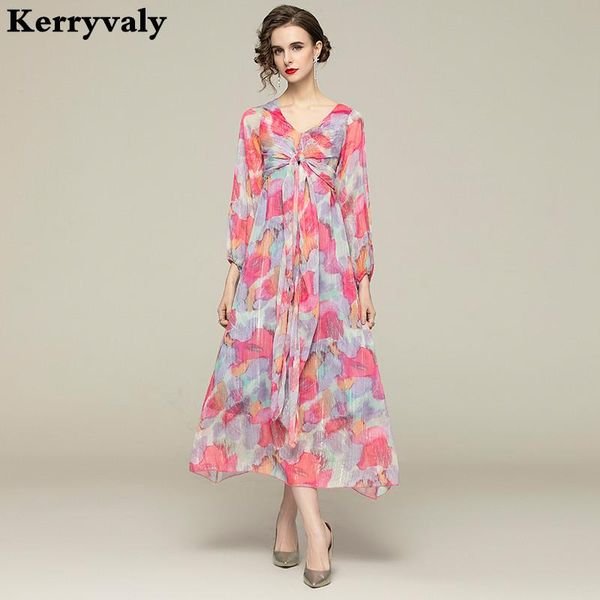 

casual dresses 2021 spring dream rainbow lantern sleeve bright silk chiffon print long maxi dress women bohemian beach k2121, Black;gray