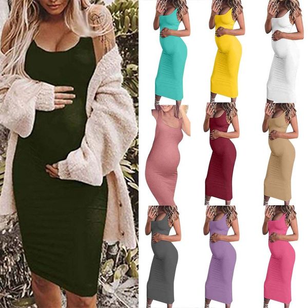 

maternity dresses 2021summer round neck sleeveless solid color vest dress pregnancy bodycon clothes, White