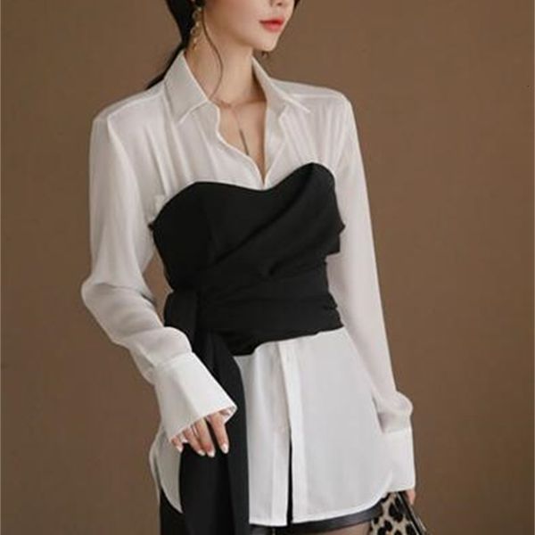 

women's two piece pants ladies temperament long-sleeved shirt + body shaping waist wrapped chest imitation leather shorts three-piece f, White