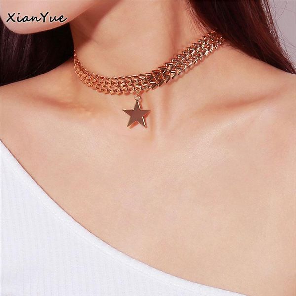 

chokers bohemian pentagram star pendant choker necklace punk gold silver color metal link chain wide clavicle women jewelry, Golden;silver