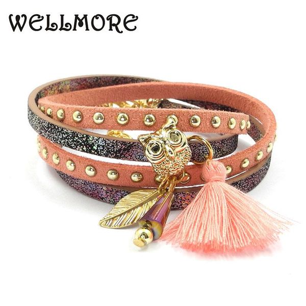 

charm bracelets wellmore pink red blue beige yellow leather bracelet for women bohemian boho bracelets&bangles b21602, Golden;silver
