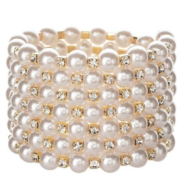 

bangle r3mc gold/silver pearl bracelet with crystals and sparkling diamonds elastic bracelet-7 rows art deco bridal jewelry, Black