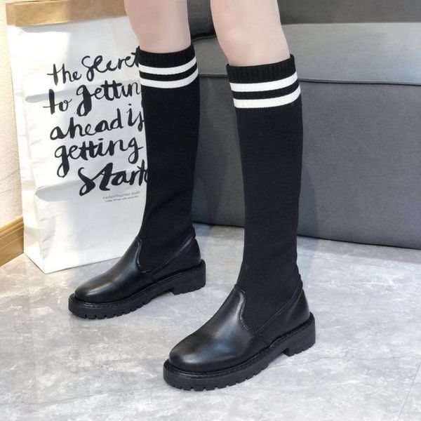 

boots black shoes women winter leather long sneakers motorcycle thick heel platform flat ladies botas mujer