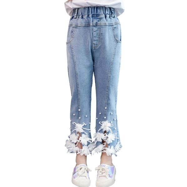 

girls jeans floral appliques for pearls kid summer clothes 6 8 10 12 14 210527, Blue