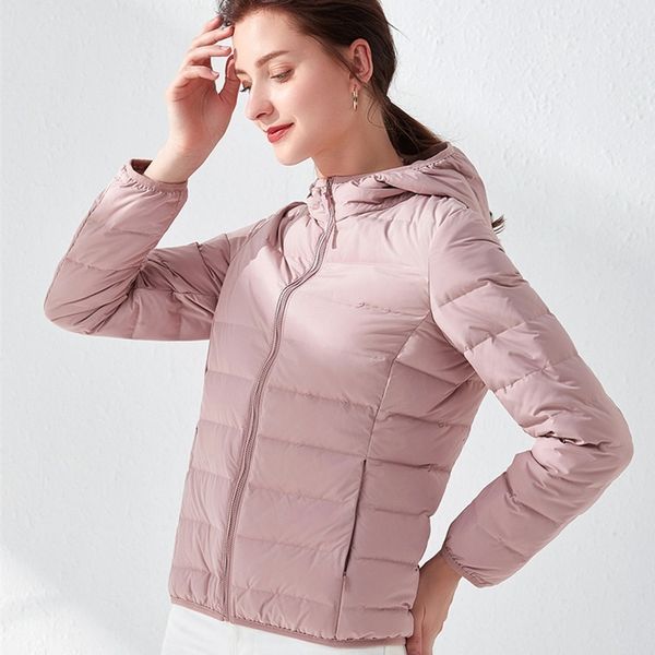 

2021 new seamless high-end down jacket women's short thin autumn winter stand collar hooded outdoor sports large coat, Black
