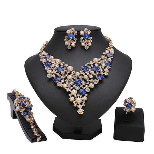 

earrings & necklace blue stone imitation crystal african beads jewelry sets for women wedding dress accessories bridal set rings, Silver