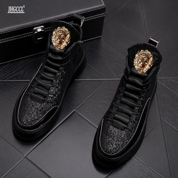 

new designer sequined loafers boots fashion golden sneakers lace-up men's ankle boot platform soled daily luxury p5, Black