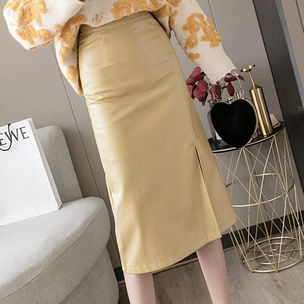 

skirts shintimes women pu leather high waist solid straight elegant split skirt female midi womens 2021 autumn winter, Black