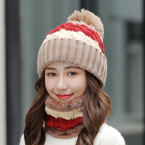 

beanies brand winter hats women thick knit warm hat bib female windproof cycling wool stitching knitting hedging caps sets 2
