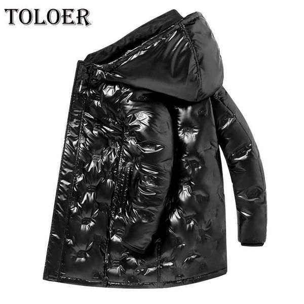 

men's long shiny parka, thick hooded windbreaker, fashionable and warm polar snow coat, new winter series, Black