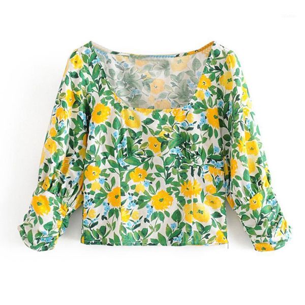 

vintage floral print blouse shirt women puff sleeve cotton elegant blouses female square collar casual cropped shirts women's &, White