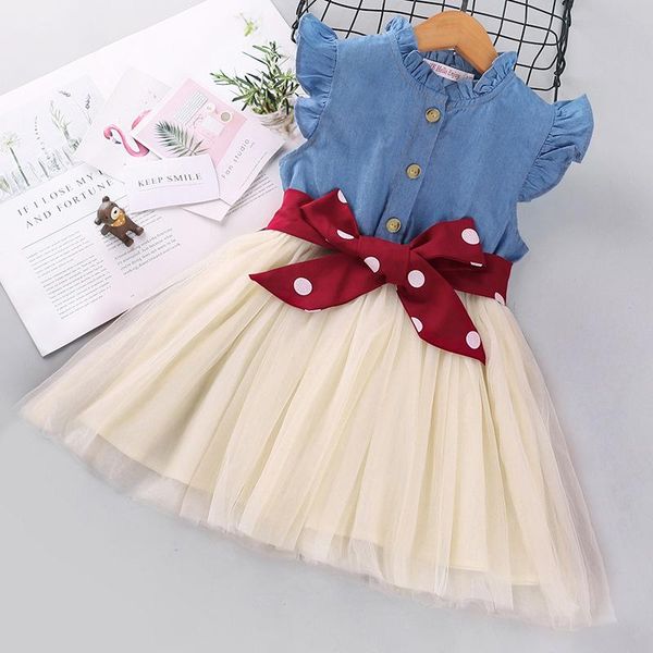 

girl's dresses baby girl clothes kids for summer princess dress denim patchwork yarn with dot sashes children birthday, Red;yellow