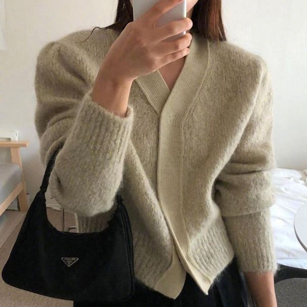 

women's knits & tees 2021 women autumn winter olive green short sweater coat jacket v neck single breasted knitted outwear cardigan, White
