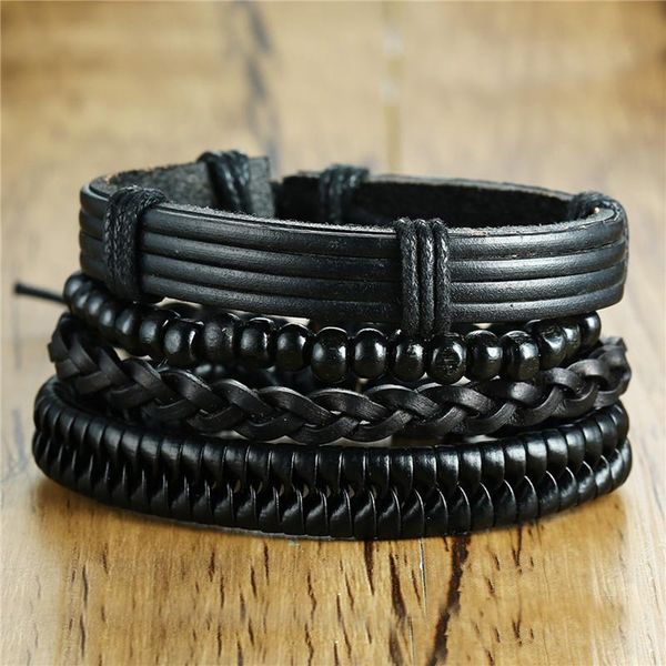 

charm bracelets modyle 4pcs/ set braided wrap leather for men women vintage wooden beads ethnic tribal wristbands bracelet, Golden;silver