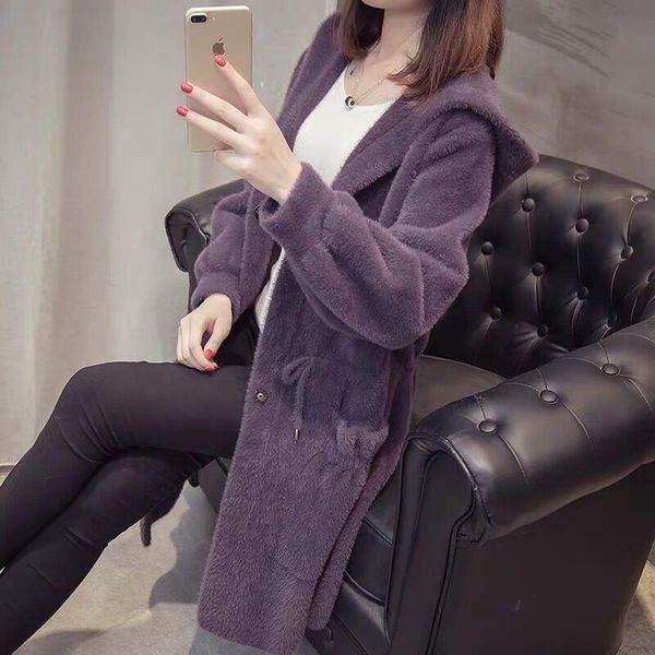 

fall and winter mink coat cardigan women's hoodie loose mid-length languid sweater thickening wool & blends, Black