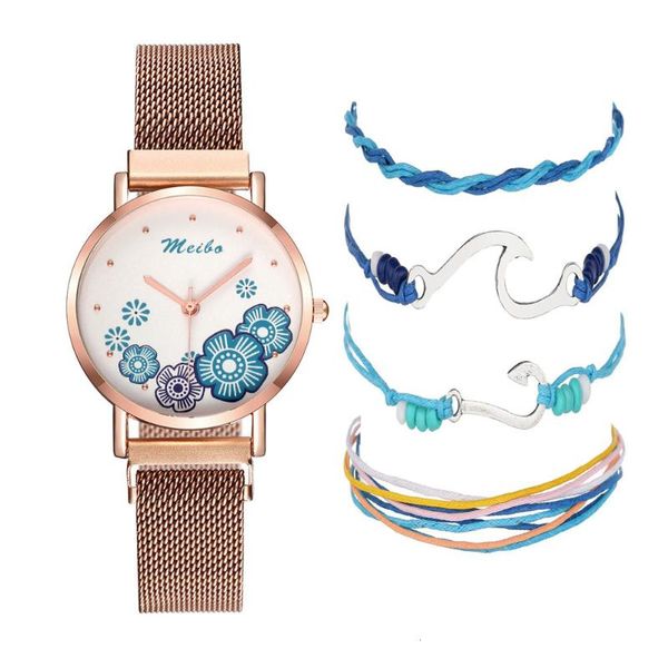 Armbanduhren Blumendruck Roségold Uhr Damen + 4 Stück Farbwebarmband Schmuckset Milan Mesh Magnetverschluss Magnet Handgelenk