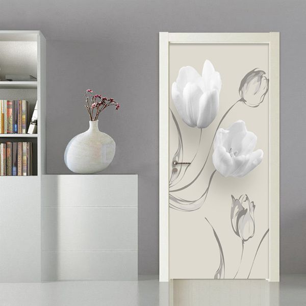 Modern Simple White Flowers Sticker Porta Soggiorno Camera da letto PVC Autoadesivo Autoadesivo Impermeabile sfondi murali per pareti per pareti 3 d adesivi 210317