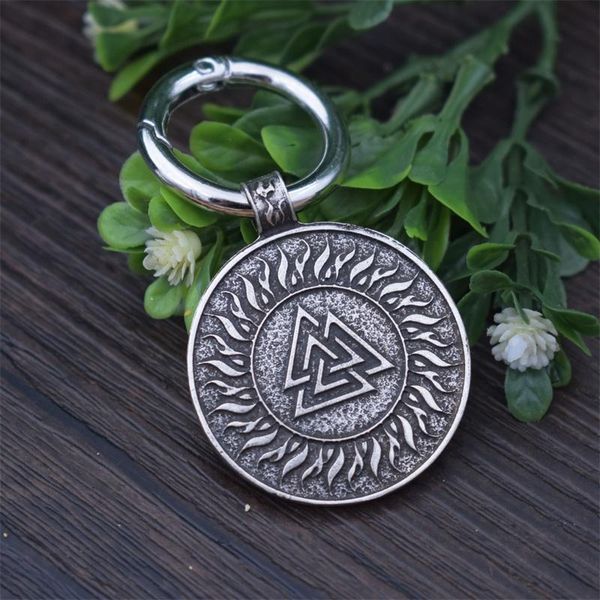 

keychains triangle pendant triple horn of odin surrounded by flames keychain christian personality lucky gift jewelry, Silver