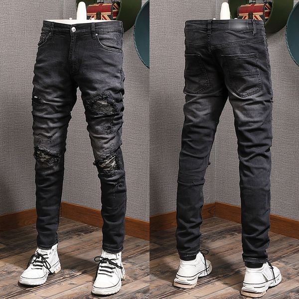 

black stretch jeans men rip knee damage detail street denim pants, Blue