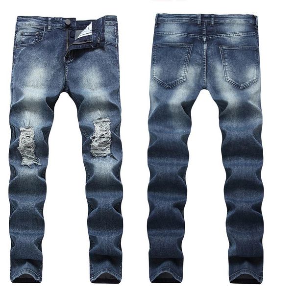 

men's jeans casual slim feet korean version of the stretch trend simple and versatile washed stovepipe, Blue