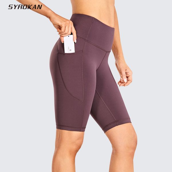 

yoga syrokan women's naked feeling high waist biker shorts workout shorts running tights with pockets -10 inches, White;black