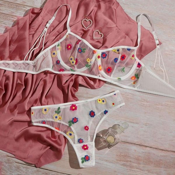 

woman flower embroidered lingerie set exotic transparent lady g-string thong sleepwear lace underwear lenceria transparente muje bras sets, Red;black