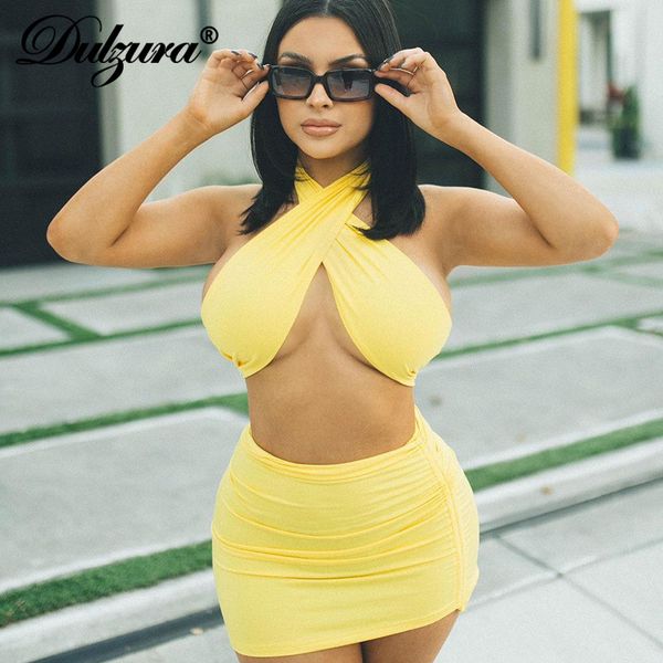 

women 2 piece set halter crop ruched dstring mini skirt bodycon streetwear party club 2021 summer outfit, Black;white