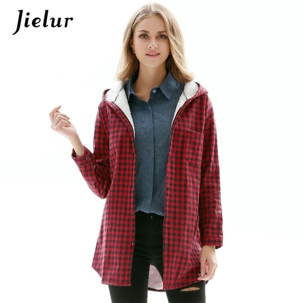 

winter europe fleece women's shirt fashion hooded red plaid shirts plus size -3xl casual long-sleeved warm blusas 210426, White