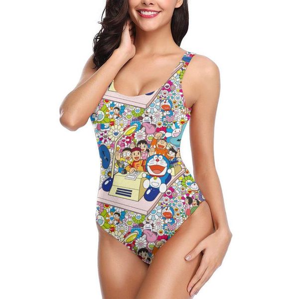 

women's swimwear doraemon print floral one piece swimsuit women monokini printed female bathing suit surfing bodysuit swim wear beach, White;black