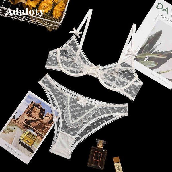 Aduloty 2021 Hot New sexy a pois maglia di pizzo sezione sottile trasparente fionda lingerie erotica con ferretto raccogliere reggiseno e slip X0526