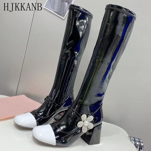 

boots autumn long women flower pearl chunky high heel knee elastic patent leather side zipper knight mid calf, Black