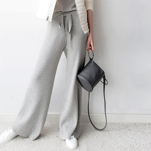 

women's pants & capris women 2021 female pure color wide leg casual spring soft waxy comfortable high-waist cashmere knitted, Black;white