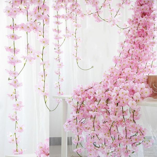 

70" / 1.8m artificial cherry blossom hanging vine silk flowers garland fake plants leaf for home wedding decor 100pcs/lot decorative &