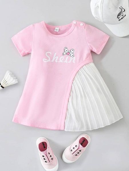 

baby bow & letter graphic pleated dress she, Red;yellow