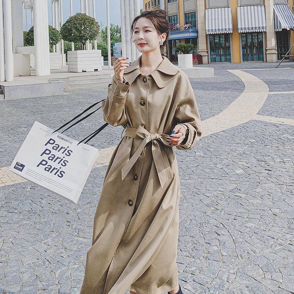 

women's trench coats fashion korean double collar windbreaker spring autumn female elegant loose sashe long khaki coat for women cloak, Tan;black