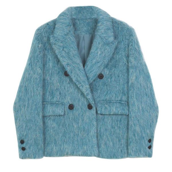 

women's suits & blazers autumn winter woollen overcoat blazer jacket women blue grey thick wool warm fluffy fur fashion street ol lady, White;black