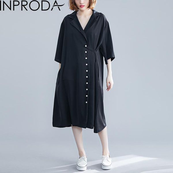 

casual dresses inproda women dress notched sleeve single breasted shirt asymmetric loose long plus size summer, Black;gray