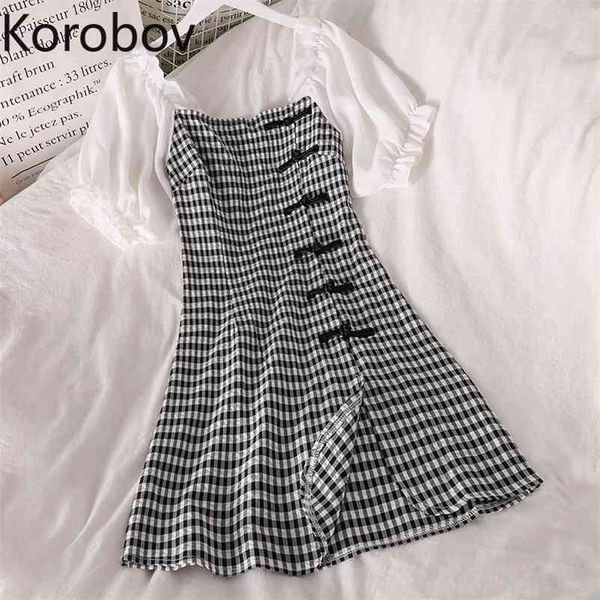 

korobov summer dress contrast color o neck puff sleeve plaid cheongsam dresses women split design single breasted robe femme 210430, Black;gray