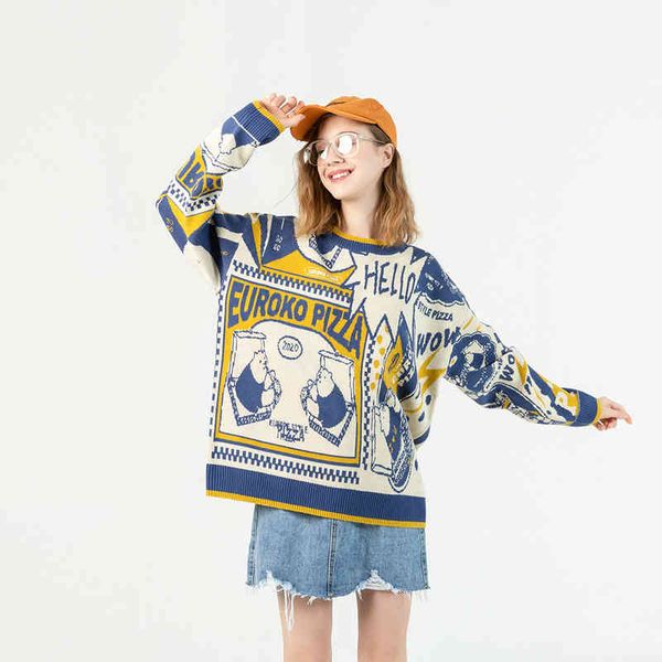 

atsunny hip hop knitted sweater american harajuku retro casual cartoon sweaters streetwear autumn and winter cloth pullover, Black