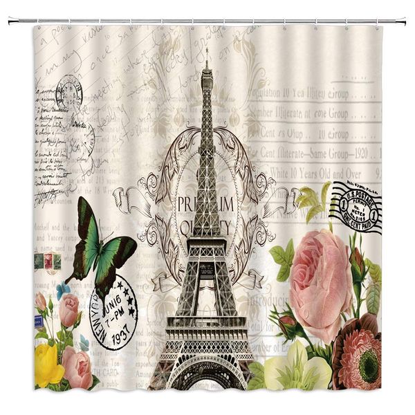 

vintage eiffel tower flower butterfly shower curtain retro nostalgic postcard stamp romance paris decor rose dahlia leaf fabric