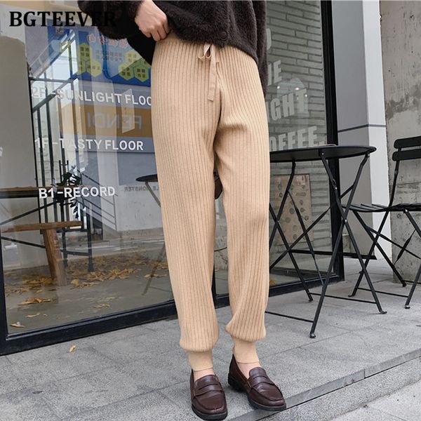 

pants autumn winter elastic waist knitted harem pants women trousers drawstring straight leg sweater pantalon femme t08k, Black;white