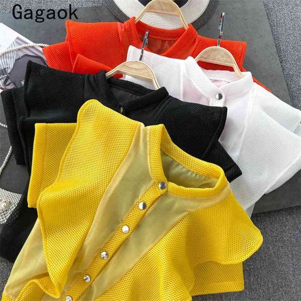 

streetwear women blouse summer solid stand ruffles see through slim shirts harajuku fashion wild blouses 210531, White