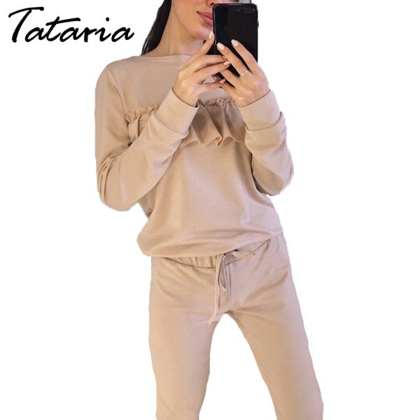 

autumn wintertracksuit set women casual ruffles o neck long sleeve hoodies lady fashion winter sweatshirt suits 210514, White