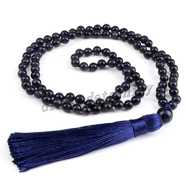 

fashion bohemian long tassel necklace women natura blue sandstone stone 108 beads mala necklaces for men yoga jewelry gifts, Silver
