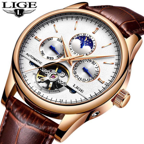 

lige brand men watches automatic mechanical watch sport clock leather casual business retro wristwatch relojes hombre 210527, Slivery;brown